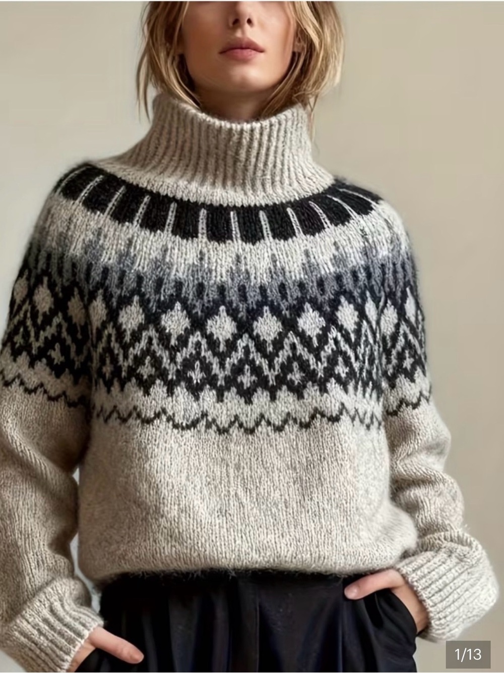 Nordic Fair Isle Mock Neck Sweater Fall Winter Statement Sweater